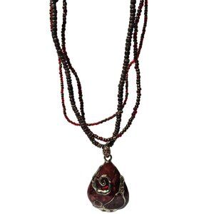 Boho Red Brown Beaded Necklace Teardrop Pendant Gold Tone Swirl Embedded Gems